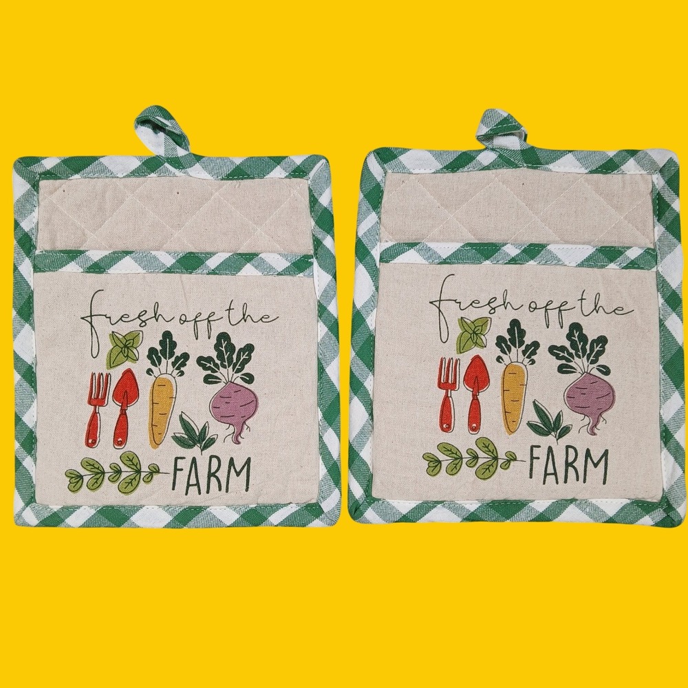 DII Design Imports Pot Holder Set Fresh Off The Farm Green White Cotton